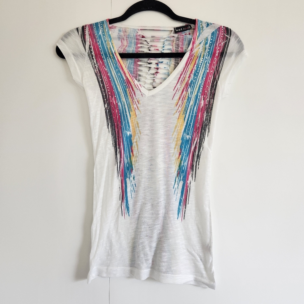 Y2K Open Back Cutout Graphic Tee Cutout V Neck Festival Boho Top Juniors XS